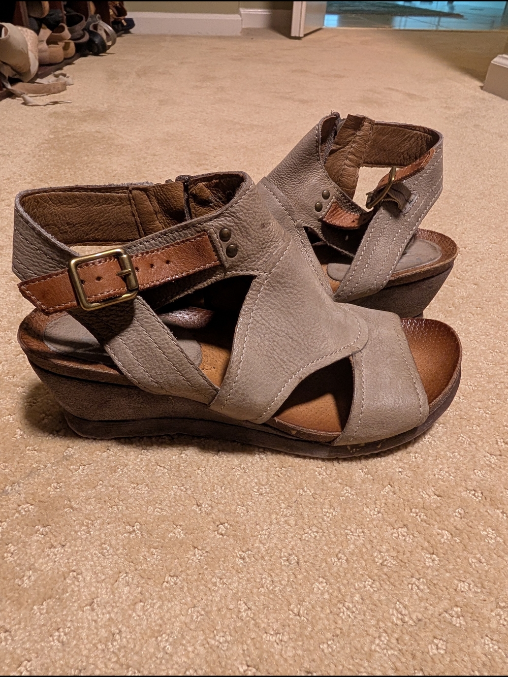 Miz Mooz Taupe Leather Wedge Sandals with Brown Strap